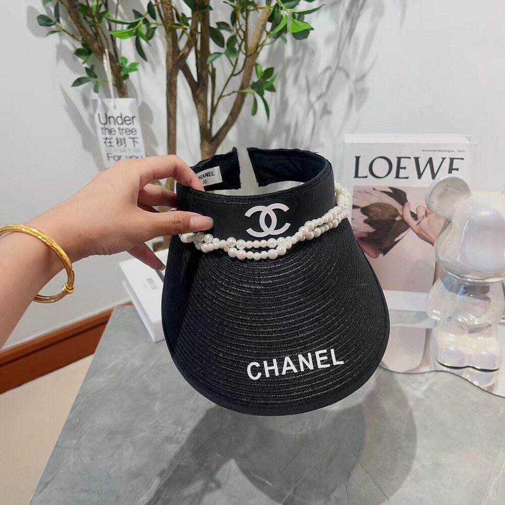 Chanel Pearl Trim Black Straw Sun Visor - Picture 3 of 6